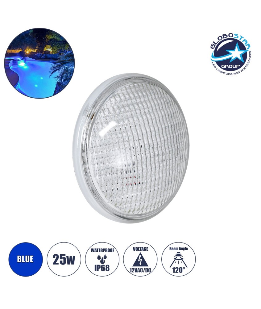 GloboStar® POOLANO 61536 Λάμπα LED Σποτ Πισίνας GX16D PAR56 25W 1750lm 120° AC-DC 12V Αδιάβροχο IP68 IK06 Tempered Glass Φ18 x Υ10cm Μπλε - Bridgelux Chip - 3 Years Warranty